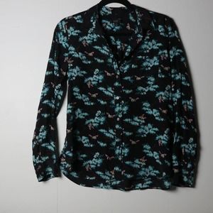 J. Crew Black Blue Floral Alice in Wonderland Bumblebee Aesthetic Silk Button-up